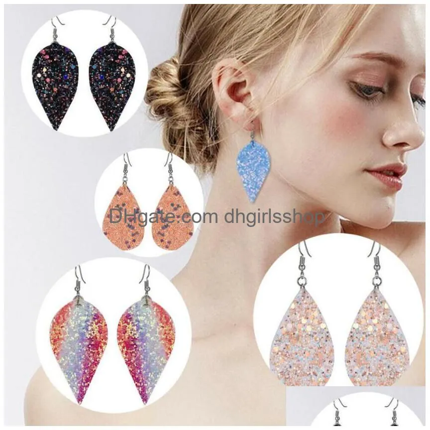 simple fashion lady boho ear hook ear stud teardrop leaf sequin earrings dangle earrings women 1 pair handmade leather jewelry gift