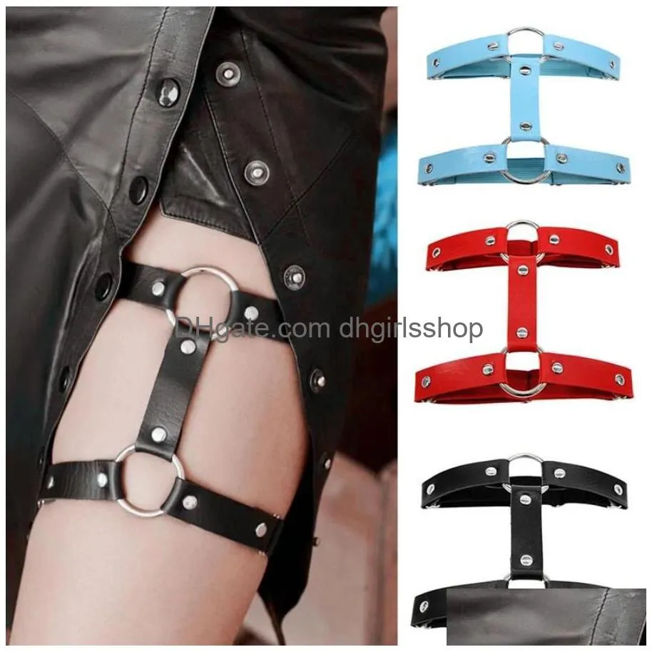 punk goth pu leather elastic garter belt leg thigh ring suspender stockings belt leg chain harness heart body jewelry