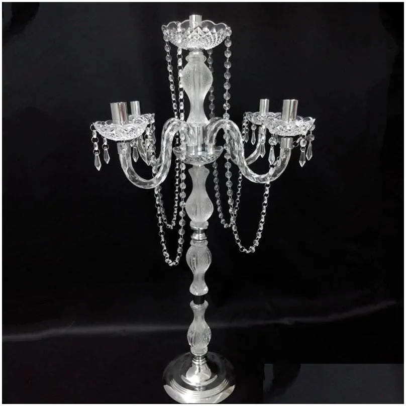 5 pcs / lot 90 cm height acrylic 5-arms metal candelabras with crystal pendants wedding candle holder centerpiece party decor