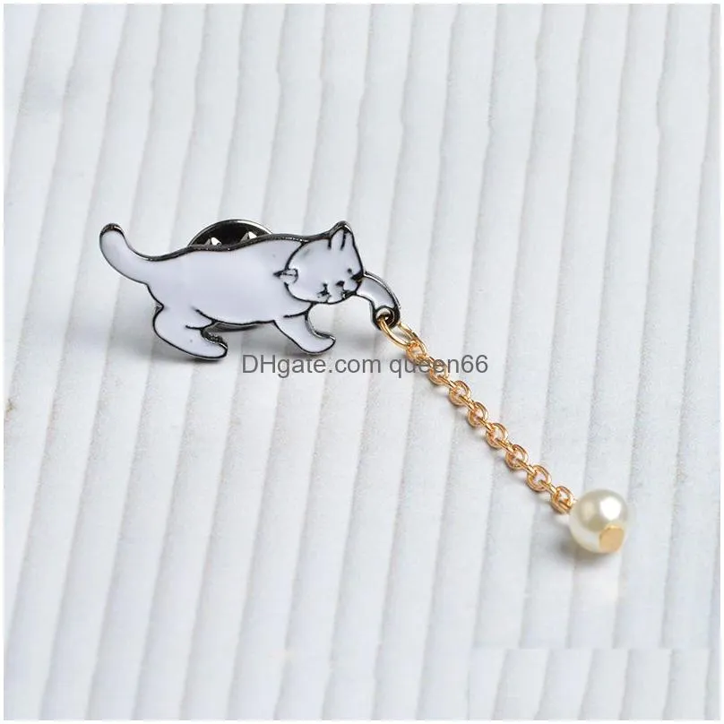 cat enamel pins with pearl tassel brooches badges funny animals jewelry for girl kids friends gift