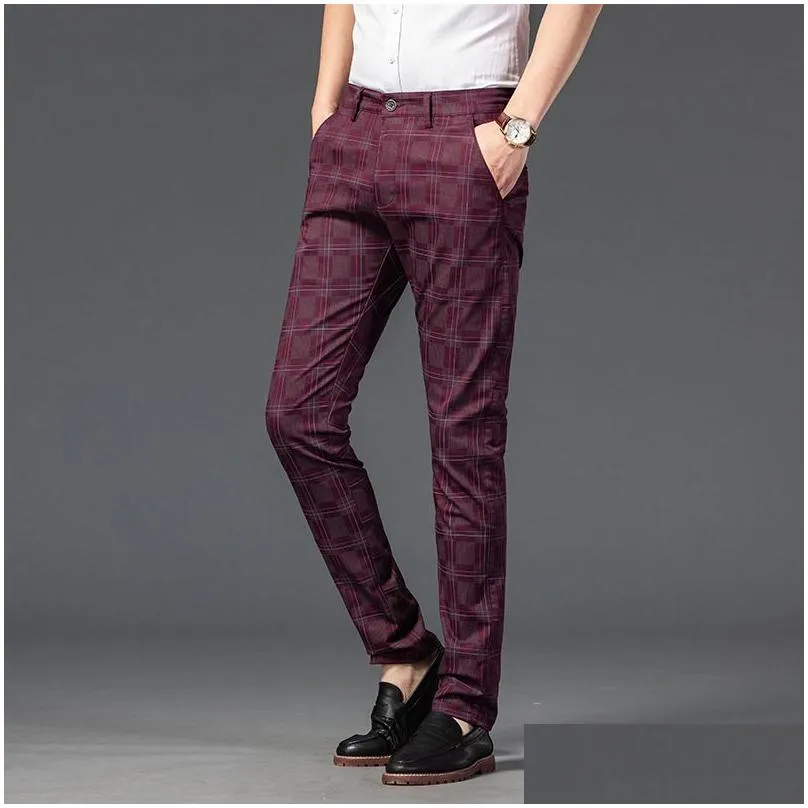 fashion streetwear men clothing 7 color mens straight slim casual pants trousers trend black plaid pants men