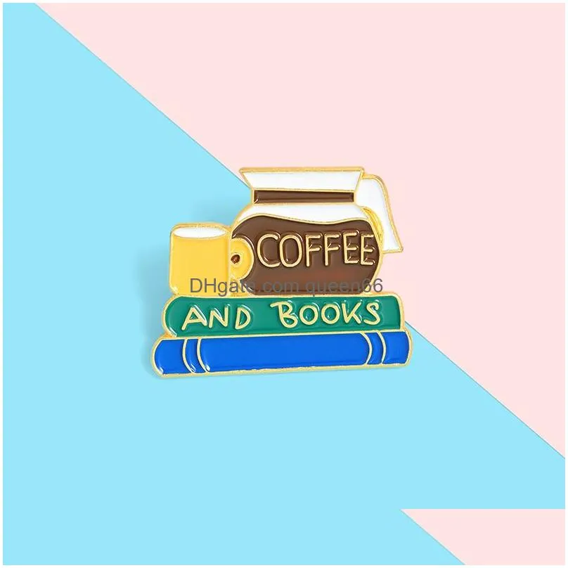 green and blue pattern enamel pin lapel brooches brown coffee books badges for backpack clothes jewelry gift friends