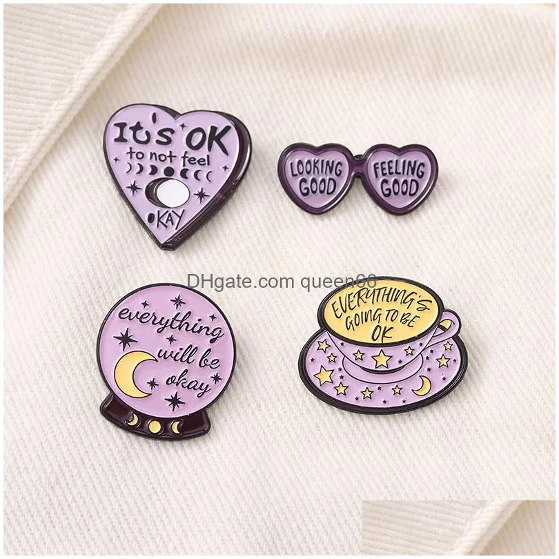 everything will be ok enamel pins purple series custom sunglass coffee crystal magic ball brooch lapel badge bag jewelry gift kids