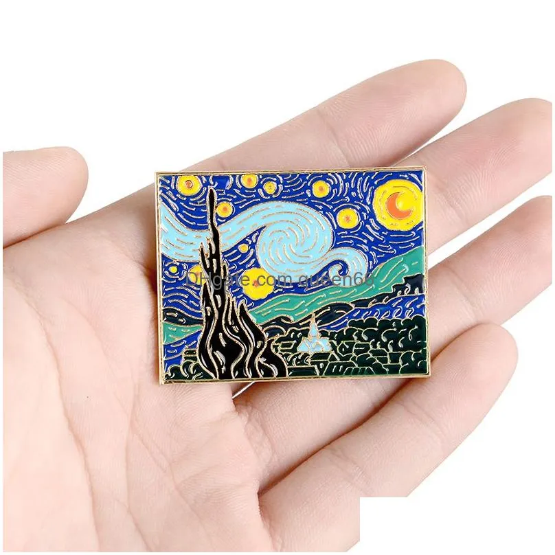 van gogh the starry night brooches pins denim clothes badge buckle creative jewelry gift for friends