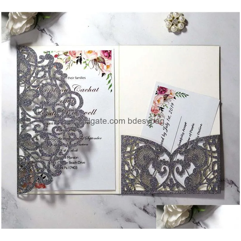 wedding invitation card glitter laser hollow business invitation card grey black personalized glittery invitation card add envelope