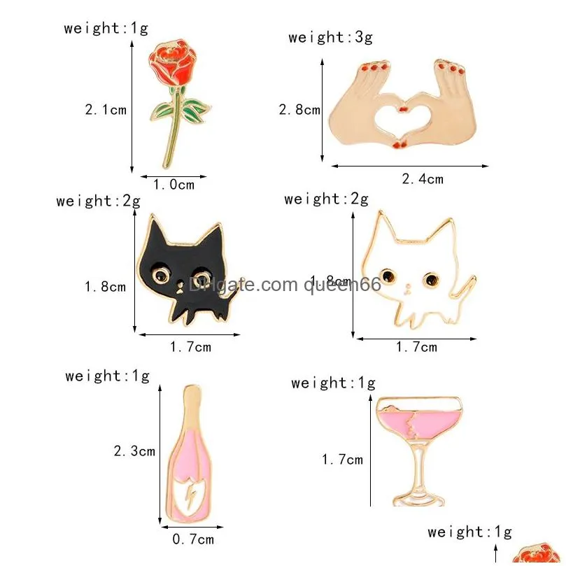 lapel pin brooches badge champagne coupe saucer rose flower love heart white black cat shaped women jewelry clothing accessories