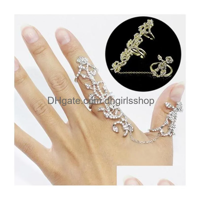 rhinestone siamese ring women gold silver chic alloy shiny flower floral ring celebrity party connect full 2 finger rings 