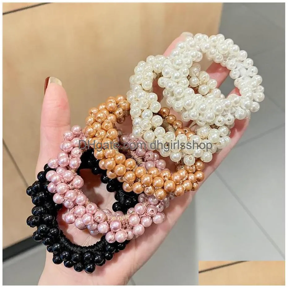 korean pearl pony tails holder beaded hair ties scrunchies crystal elastic hairband ponytail holders women hairs rope rubber gum hair