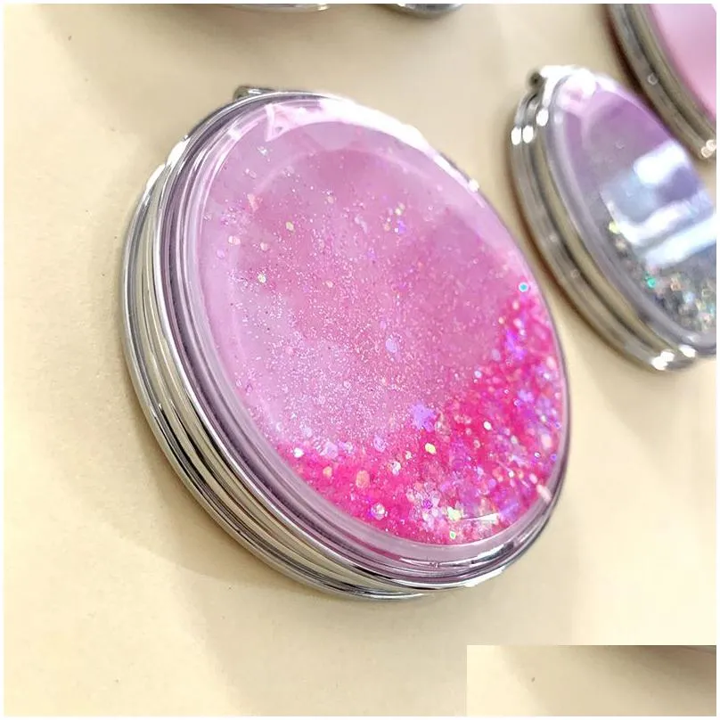 liquid bling glitter quicksand portable folding mirror 5 colors double sided foldable pocket mirrors