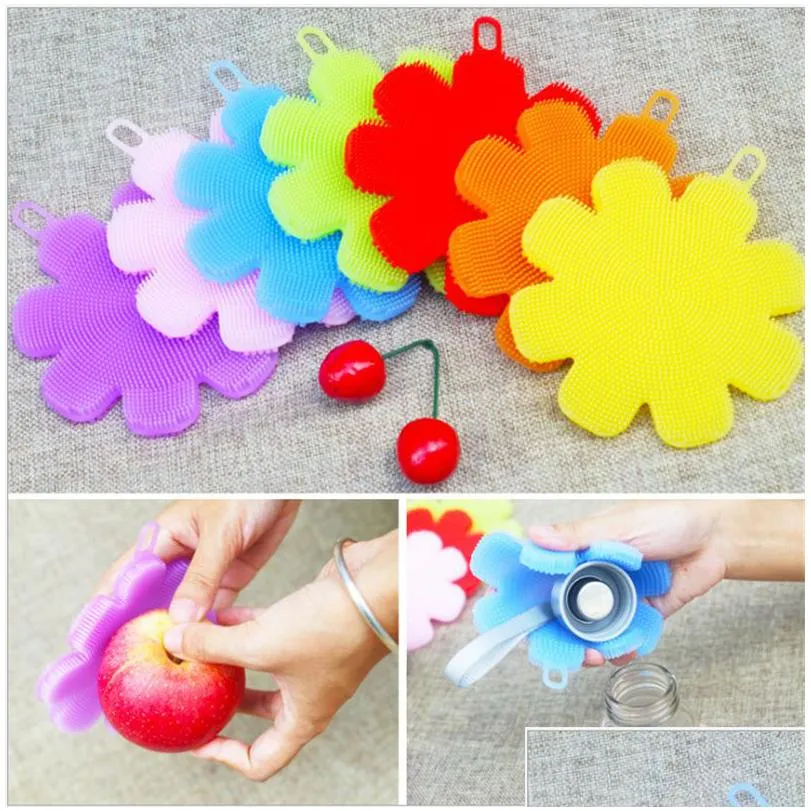 silicone sponge brushes flower shaped kitchen dishwashing fruit vegetable pot cleaning sponge pads