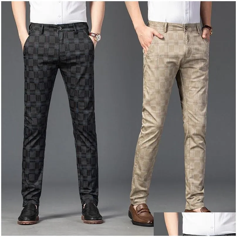 fashion streetwear men clothing 7 color mens straight slim casual pants trousers trend black plaid pants men