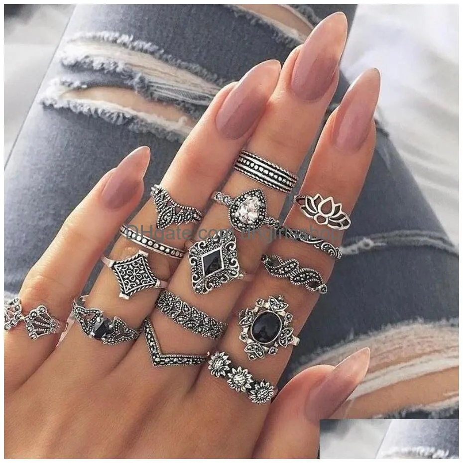 15pcs/set bohemia antique silver color crown flower hollow out carved rings sets knuckle rings for women jewelry