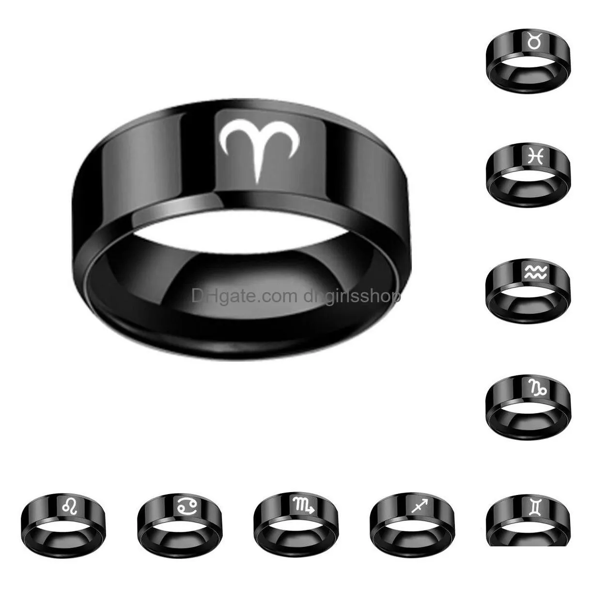 12 constellations rings for wome man virgo cancer capricorn sagittarius leo pisces libra scorpio stainless steel black couple ring