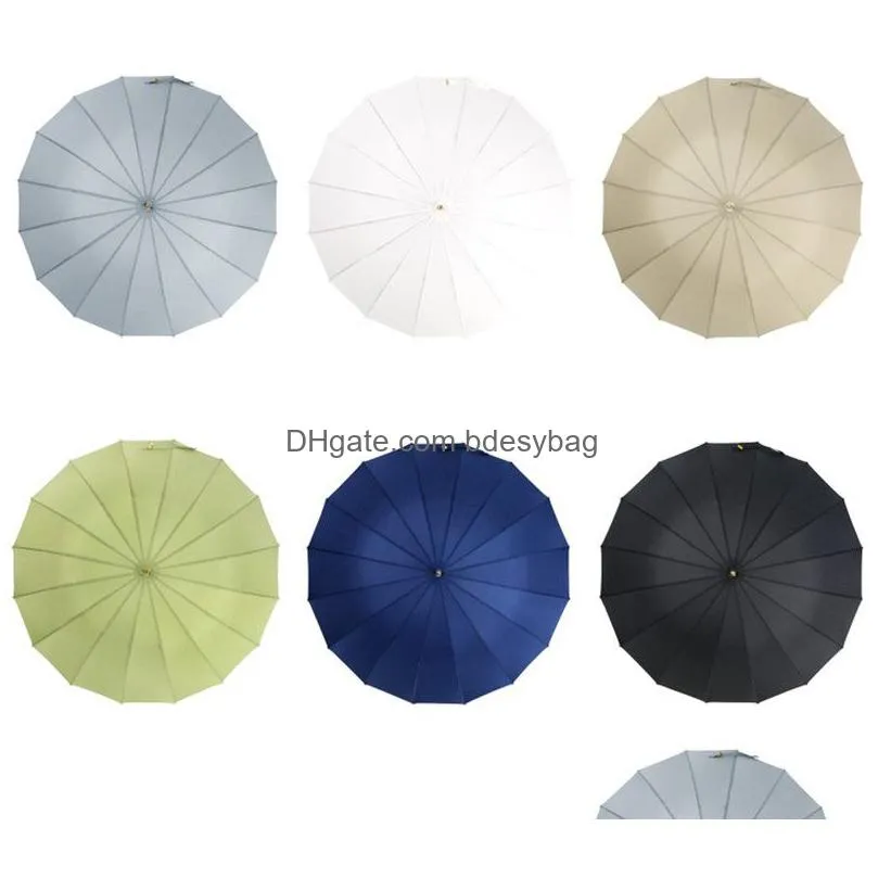 16 ribs straight umbrella windproof solid color long handle umbrellas women men bamboo handles pongee umbrella