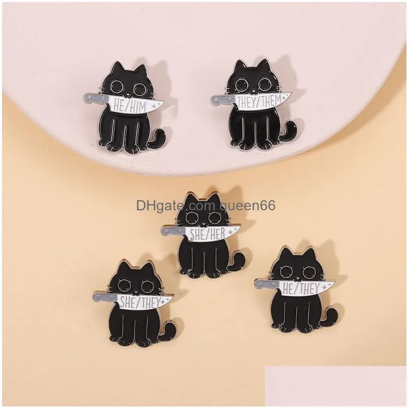 black cat pronouns enamel pin punk brooch he she they knife animals badge witch lapel pin kitten goth jewelry gift friends