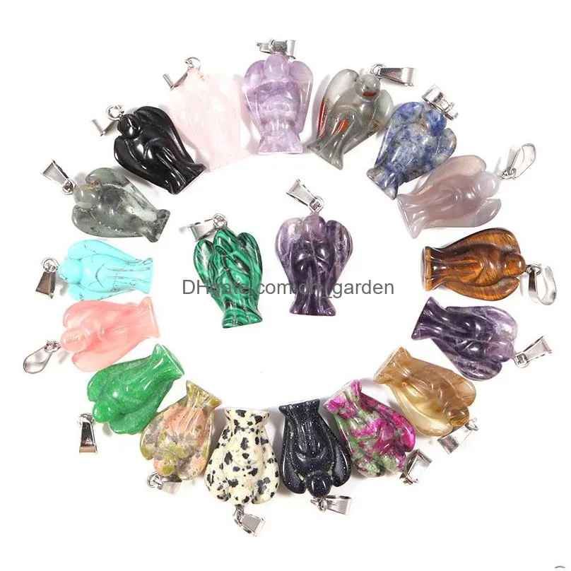 natural stone pendant mini angel carve earring crystal healing reiki gemstone cute necklace craft jewelry wholesale 15x20mm
