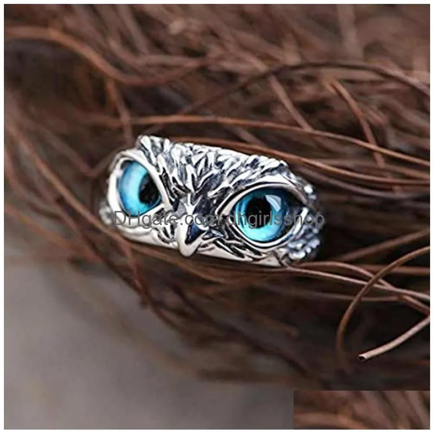 fashion owl ring vintage man and women alloy blue eyes owls rings versatile argent adjustable creativering ring