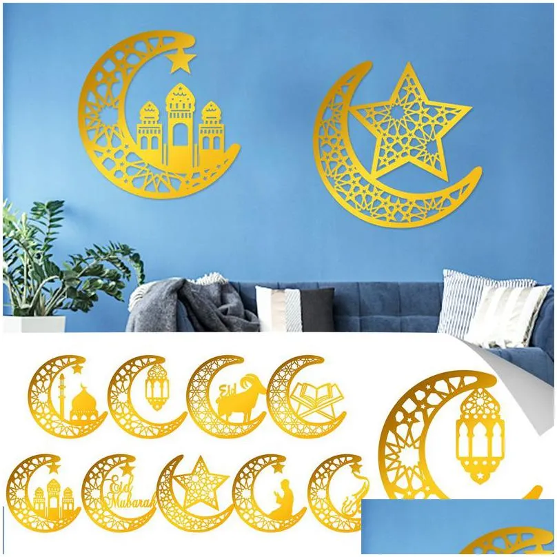 party supplies ramadan mirror stickers gold silver muslim islam eid mubarak festival home decoration