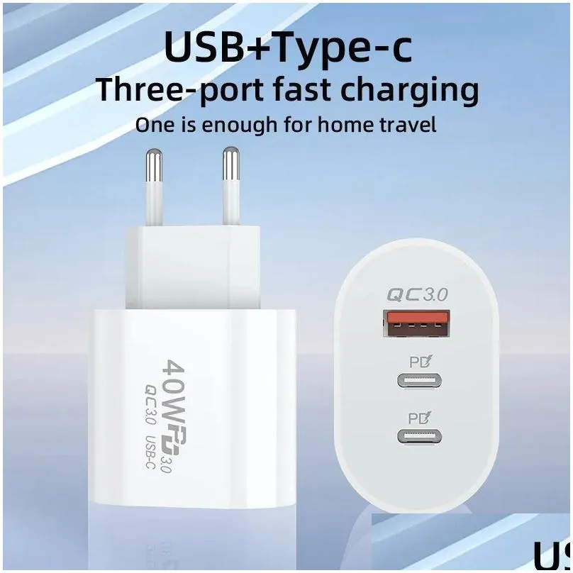 40w 3a dual pd usb c wall  3ports qc3.0 type c fast charging chargers power adapter us eu uk plugs for samsung s20 s22 utral nokia xiaomi