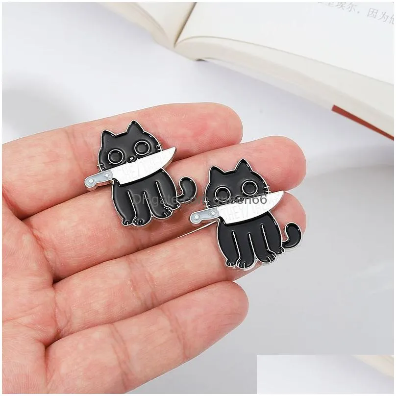 black cat pronouns enamel pin punk brooch he she they knife animals badge witch lapel pin kitten goth jewelry gift friends