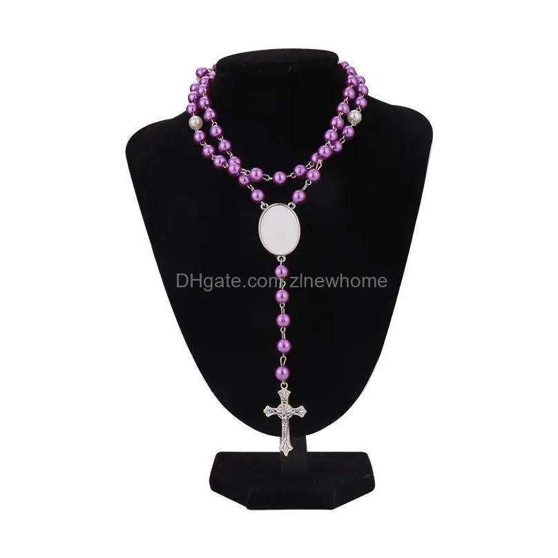 4 colors sublimation necklace heat transfer pendant rosary bead necklace cross jesus metal pendants