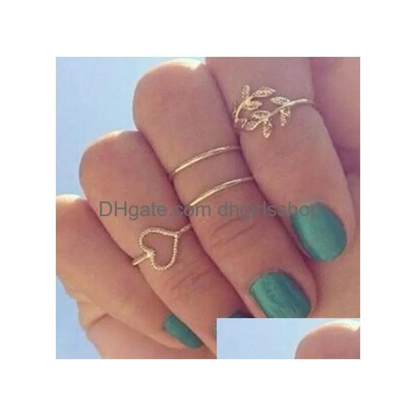 fashion silver gold sweetheart tree leaf leaves nail band mid-finger ring set for women knuckle ring jewelry 1setis4pcs