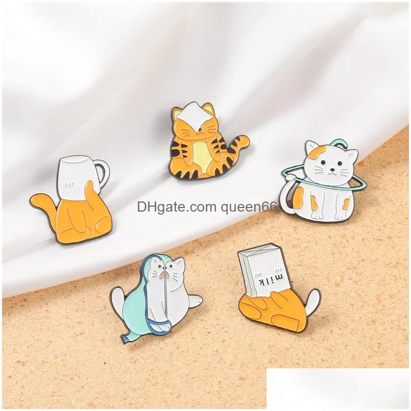 cartoon cat enamel pin brooch funny animal cup paper bag orange white kitten badge lapel clothes hat backpack jewelry gift kids custom