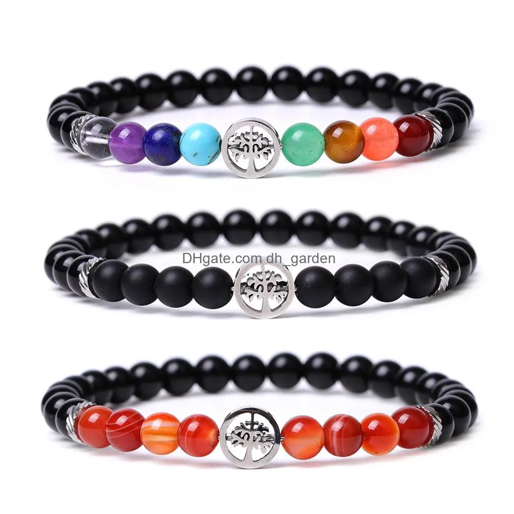 tree of life charms 6mm black beads colorful natural stone bracelet 7 chakra rose pink crystal agates bangle women yoga jewelry