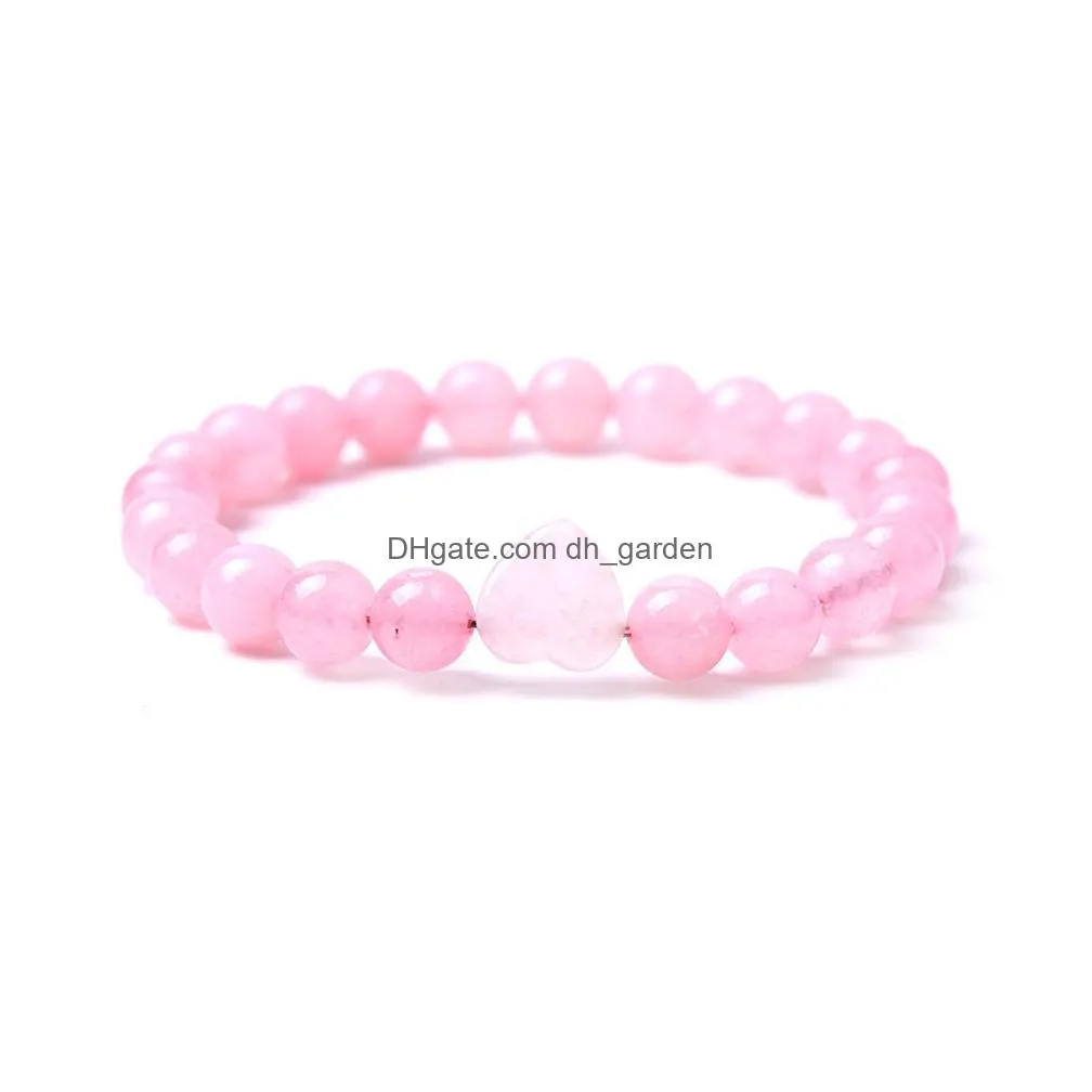 colorful natural stone heart shape beaded bracelet chakra rose quartz pink crystal agates bangle women yoga jewelry