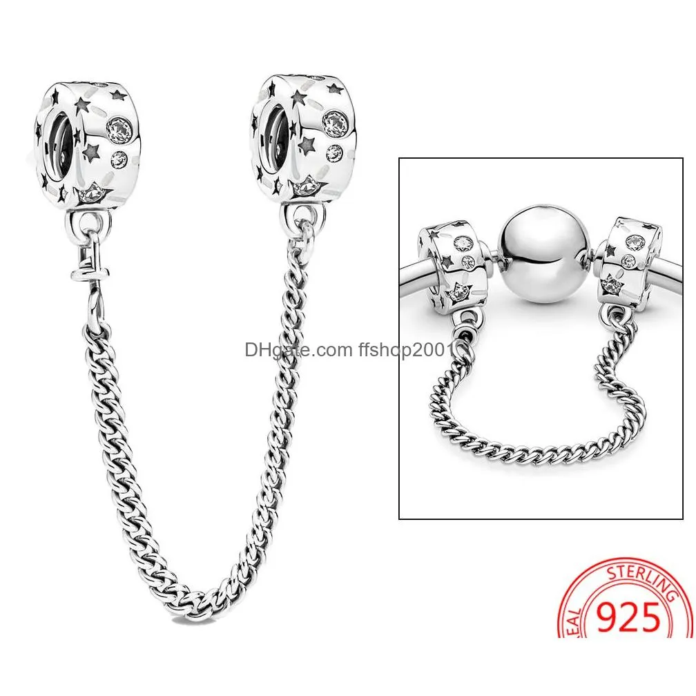 the 100% 925 sterling silver charm series bead flash stars and moon pendant glass security chain fit pandora bracelets diy jewelry