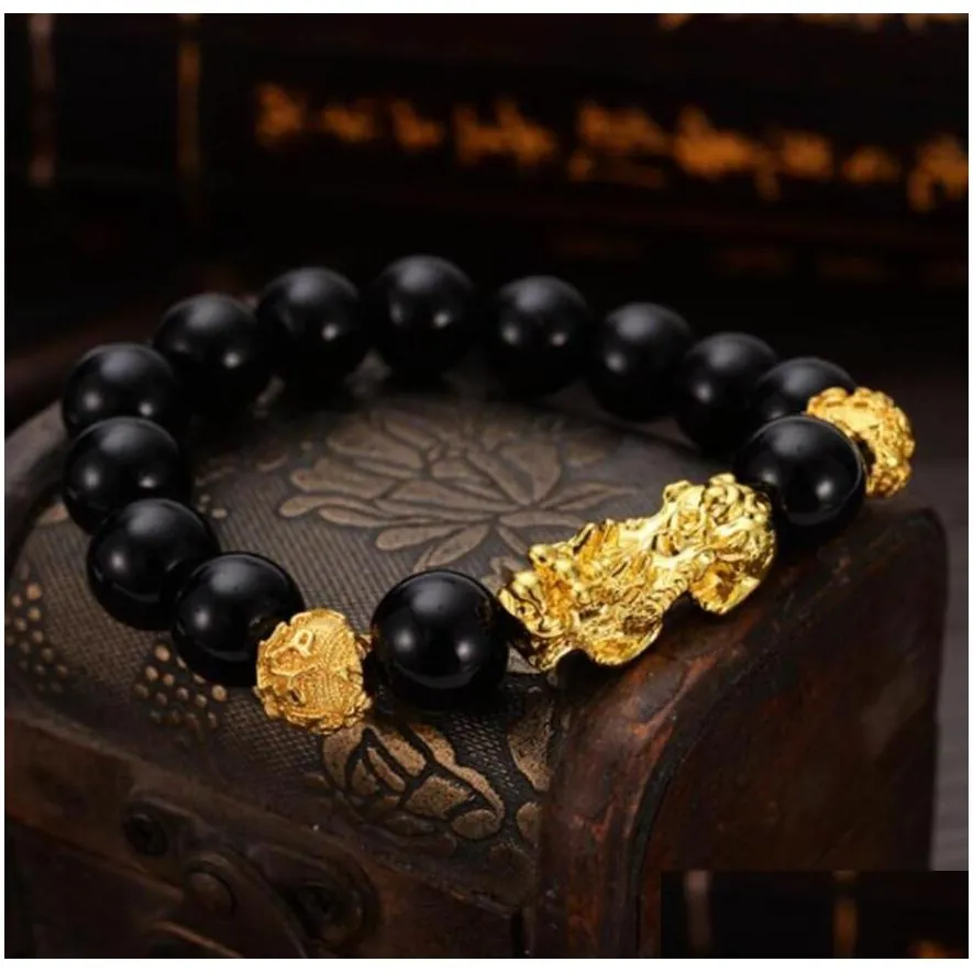 fashion feng shui obsidian stone beads bracelet men women uni wristband gold black pixiu wealth and good luck women bracelet