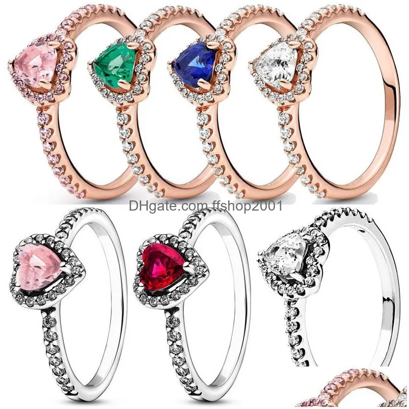 authentic 925 sterling silver elevated red green blue pink heart pandora ring with crystal for women birthday gift jewelry