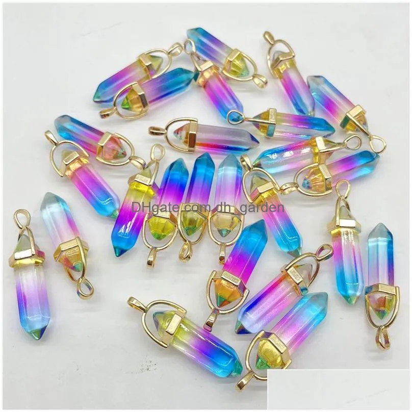 gold rainbow colored glass hexagonal prism pendulum pendant charms diy jewelry making necklaces accessories