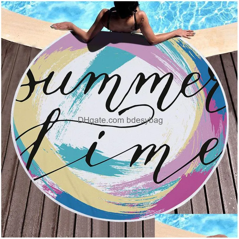 polyester tassel beach towel 150cm round summer fruit print tapestry fringed edge sports yoga mat sunscreen shawl