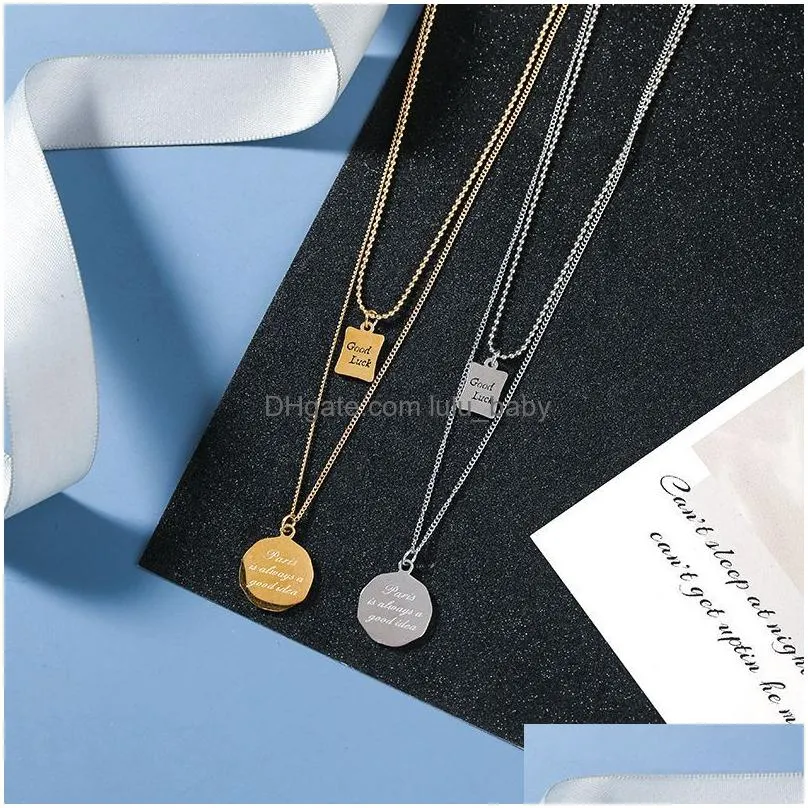 classic design goodluck letter square pendant womens necklace fashion titanium steel neck chain double clavicle chain