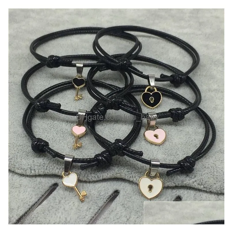 couple trendy bracelet for friend lock key design black color rope bracelet wholesale jewelry 2 pcs set