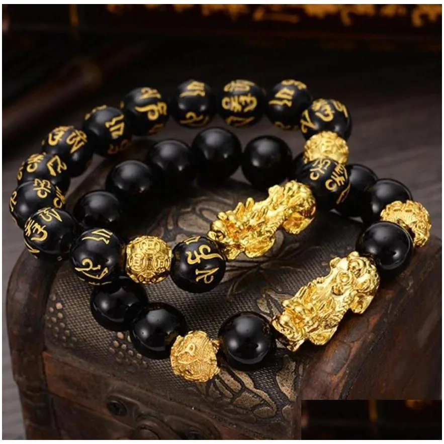 fashion feng shui obsidian stone beads bracelet men women uni wristband gold black pixiu wealth and good luck women bracelet