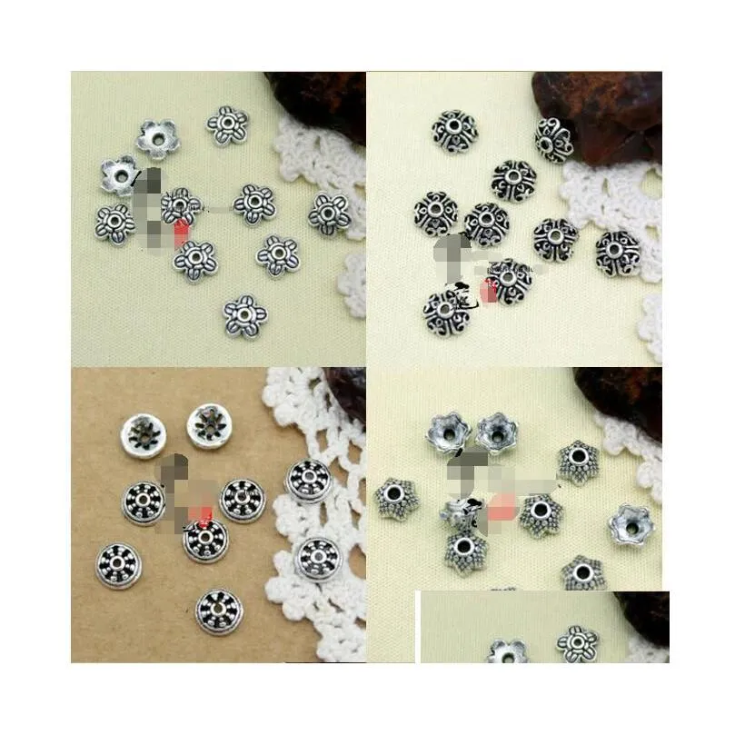 wholesale diy jewelry accessories tibetan silver vintage alloy blossom bead cap flower pedal support antique silver charms for