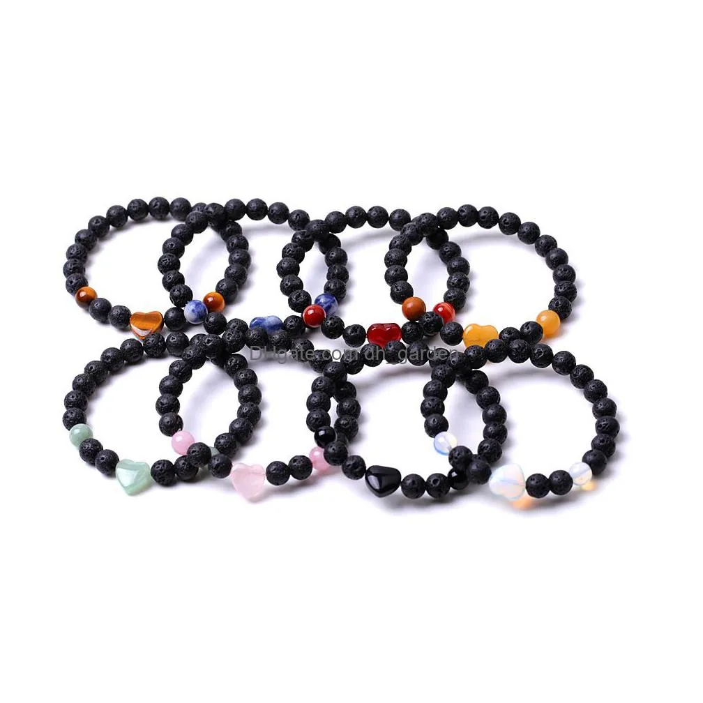 8mm black lava stone colorful heart shape bracelet tiger eye rose quartz bangle for women yoga jewelry