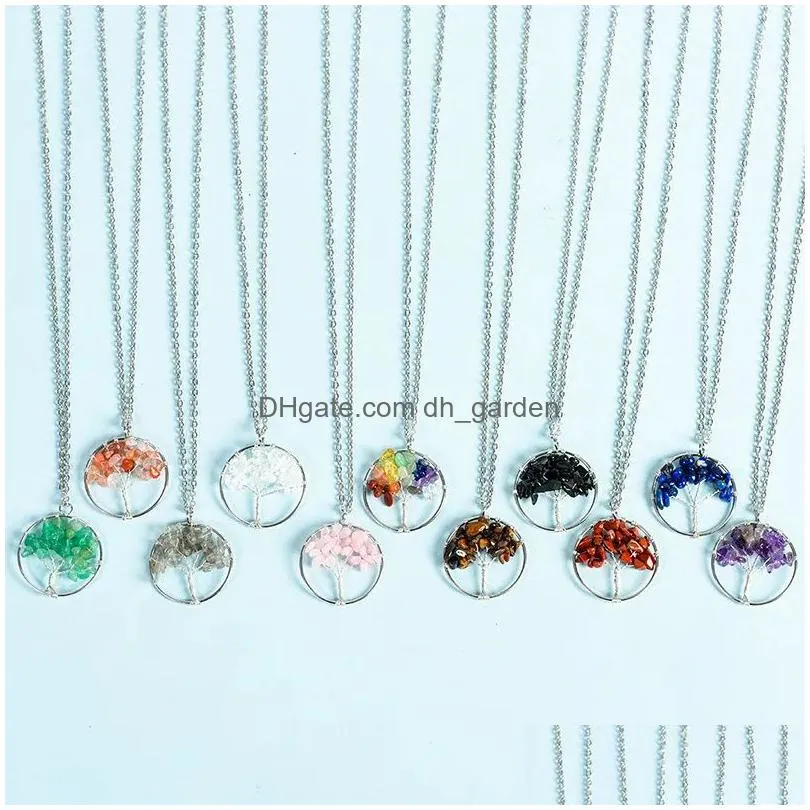 7 chakra quartz natural stone tree of life pendant chip beads healing fluorite crystal for women necklaces