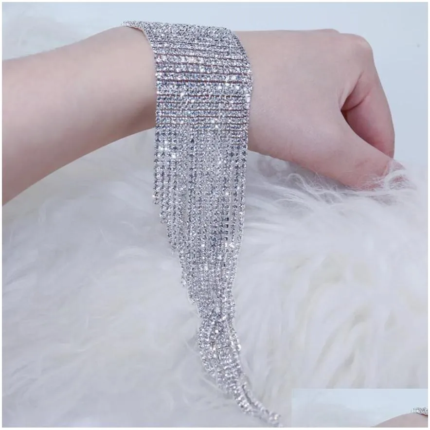 bohemia charm bracelets fashion long tassel rhinestone bracelet hand jewelry for women bridal crystal statement wedding jewellery