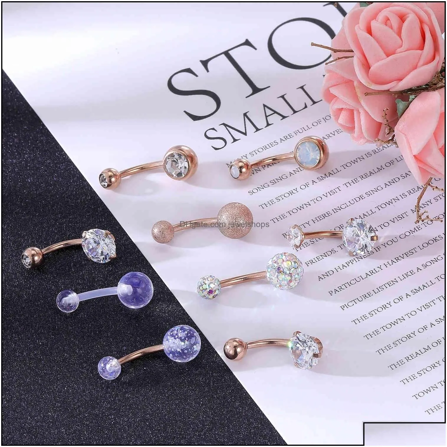 8/9pcs/lot button ring set crystal double ball piercing for women rose gold stainless steel navel belly rings drop delivery 2021 bell