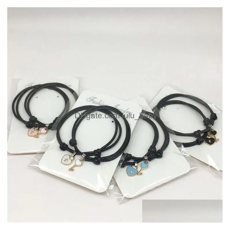 couple trendy bracelet for friend lock key design black color rope bracelet wholesale jewelry 2 pcs set