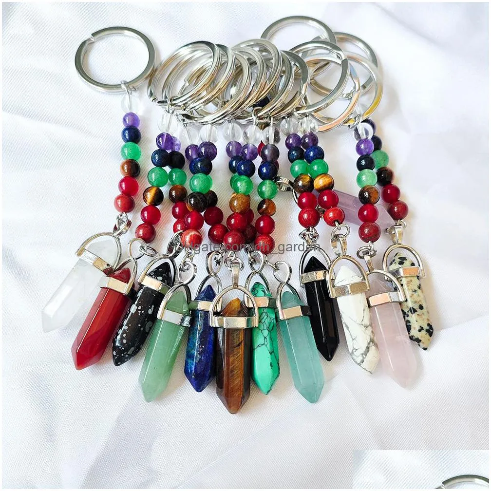natural stone 7 chakra beads hexagon prism key rings chains keychains healing crystal keyrings for women men