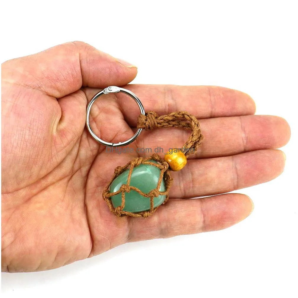 brown adjustable cord wax rope holder key rings natural quartz crystal healing stone net bag keychain pendant size 1.5-2.3cm