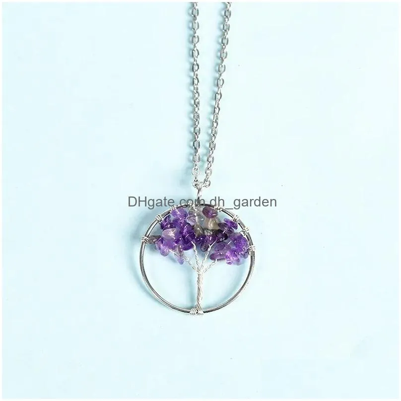 7 chakra quartz natural stone tree of life pendant chip beads healing fluorite crystal for women necklaces