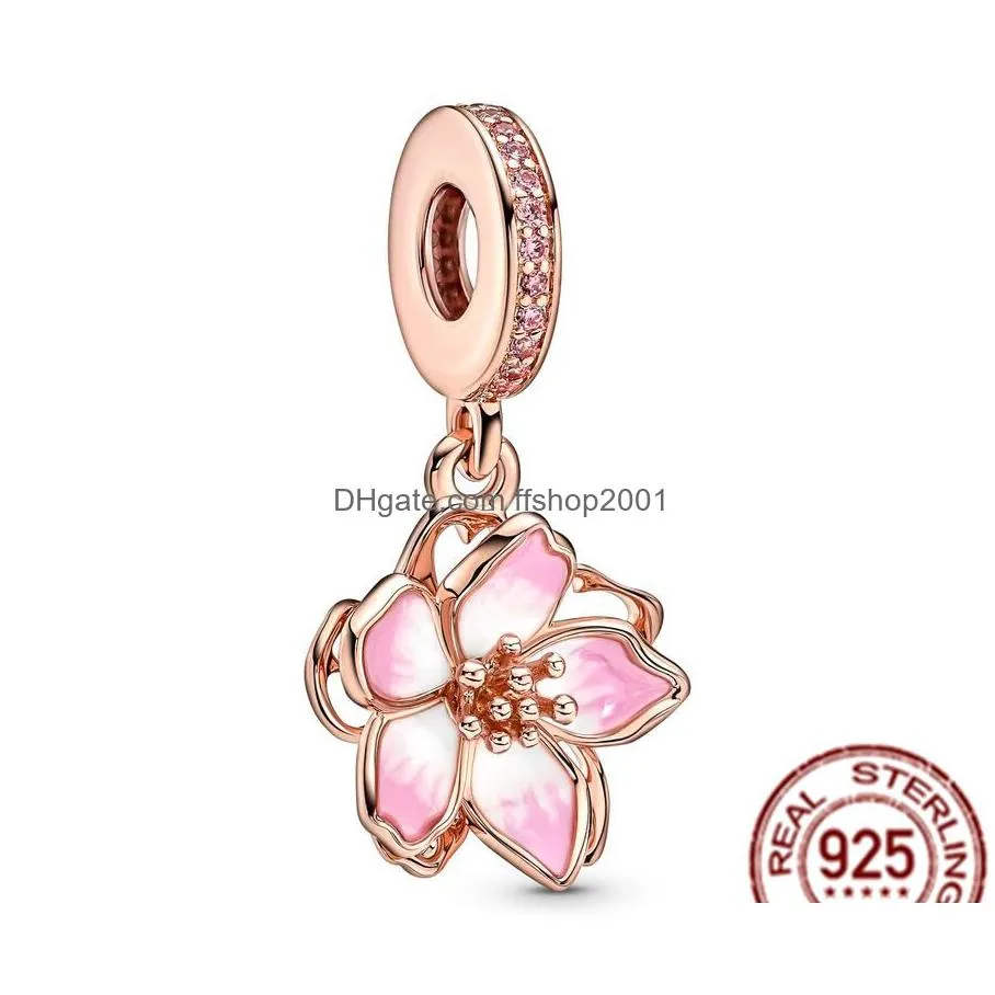 925 sterling silver pandora charm pink daisy flowers cherry blossom pearl beads suitable for primitive diy bracelet female jewelry fashion