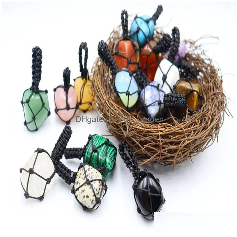 big woven black rope net charms natural amethyst crystal pendant energy stone healing meditation yoga gift wholesale