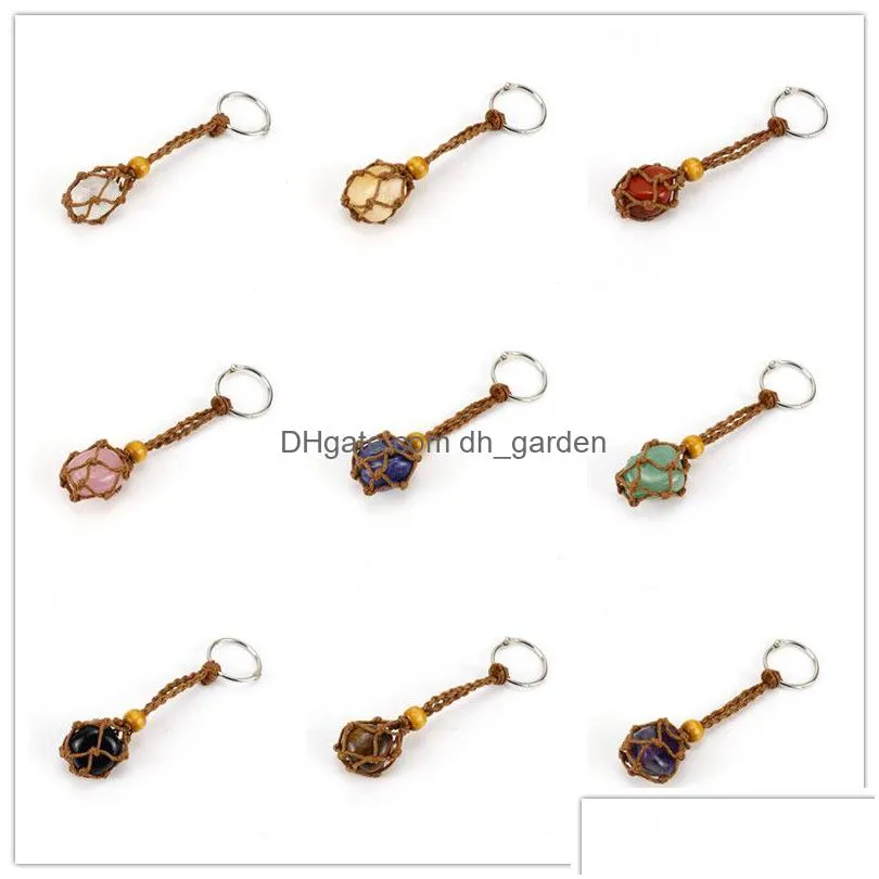 brown adjustable cord wax rope holder key rings natural quartz crystal healing stone net bag keychain pendant size 1.5-2.3cm