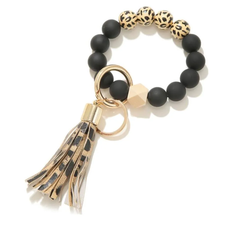 silicone leopard bracelets strands keychain for keys tassel wood beads bracelet keyring women accessories multicolor keychain